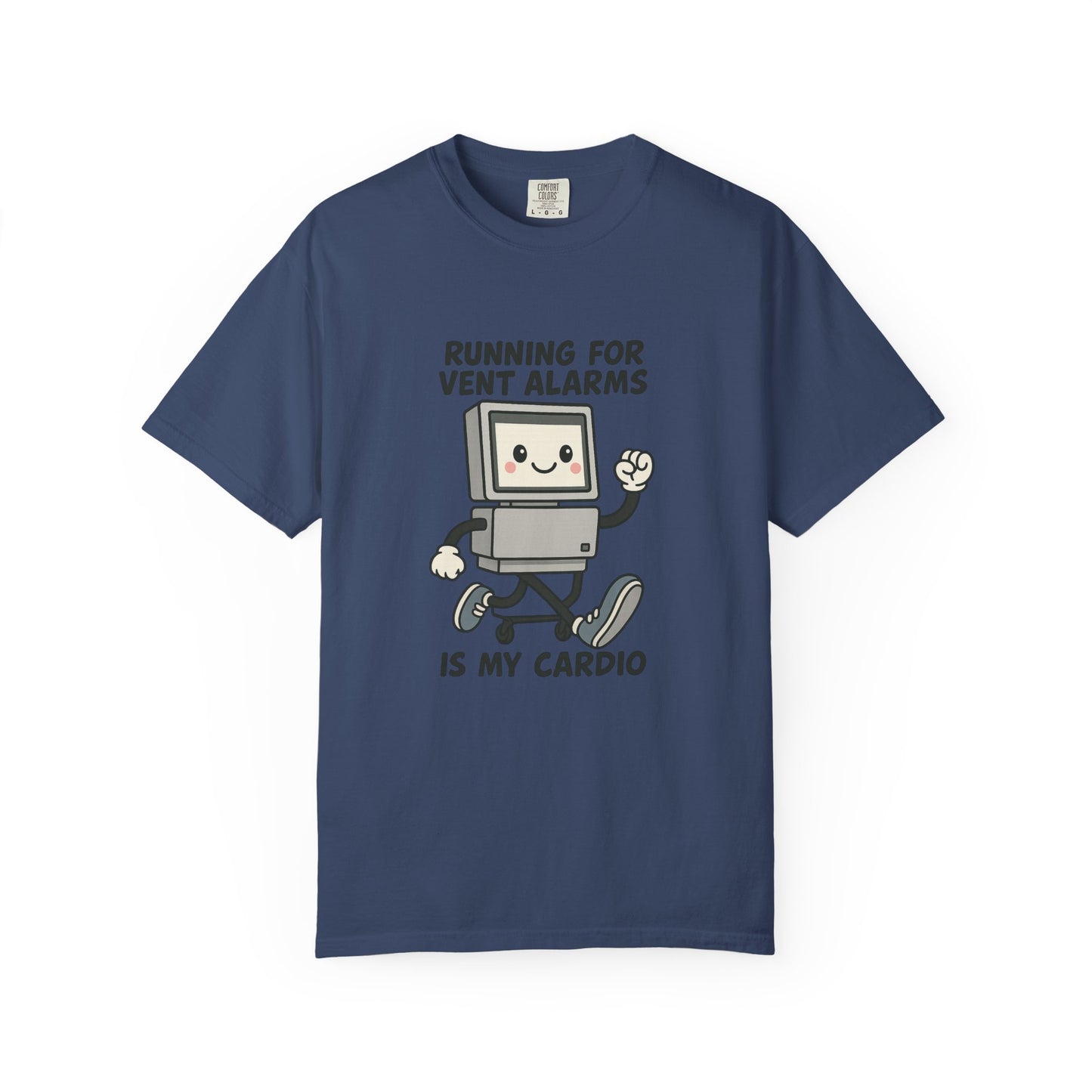 Funny Respiratory Graphic Tee: 'Running for Vent Alarms is My Cardio' T-shirt, Unisex Casual Wear, Gift for Programmers, Tech Workers, Humor Shirt
