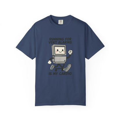 Funny Respiratory Graphic Tee: 'Running for Vent Alarms is My Cardio' T-shirt, Unisex Casual Wear, Gift for Programmers, Tech Workers, Humor Shirt