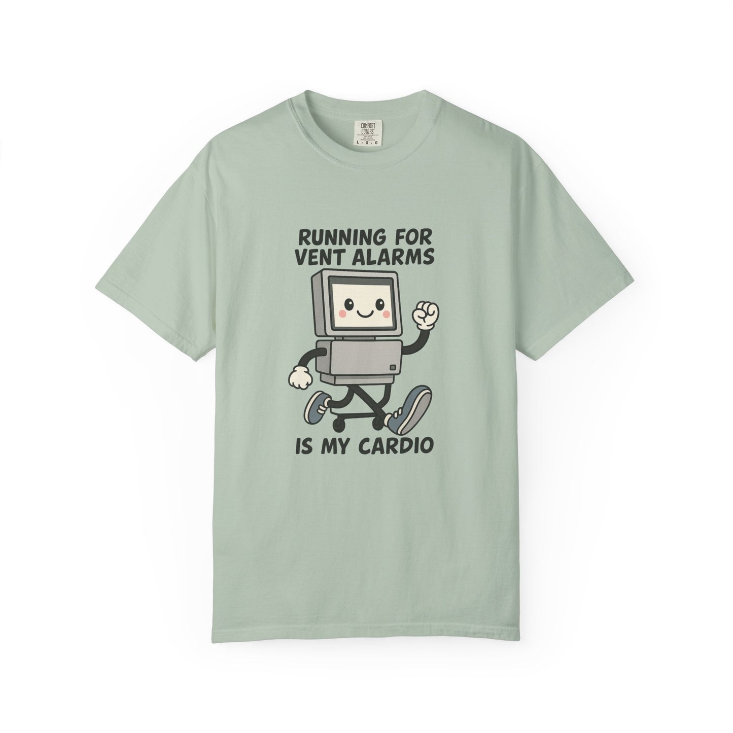 Funny Respiratory Graphic Tee: 'Running for Vent Alarms is My Cardio' T-shirt, Unisex Casual Wear, Gift for Programmers, Tech Workers, Humor Shirt