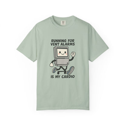 Funny Respiratory Graphic Tee: 'Running for Vent Alarms is My Cardio' T-shirt, Unisex Casual Wear, Gift for Programmers, Tech Workers, Humor Shirt