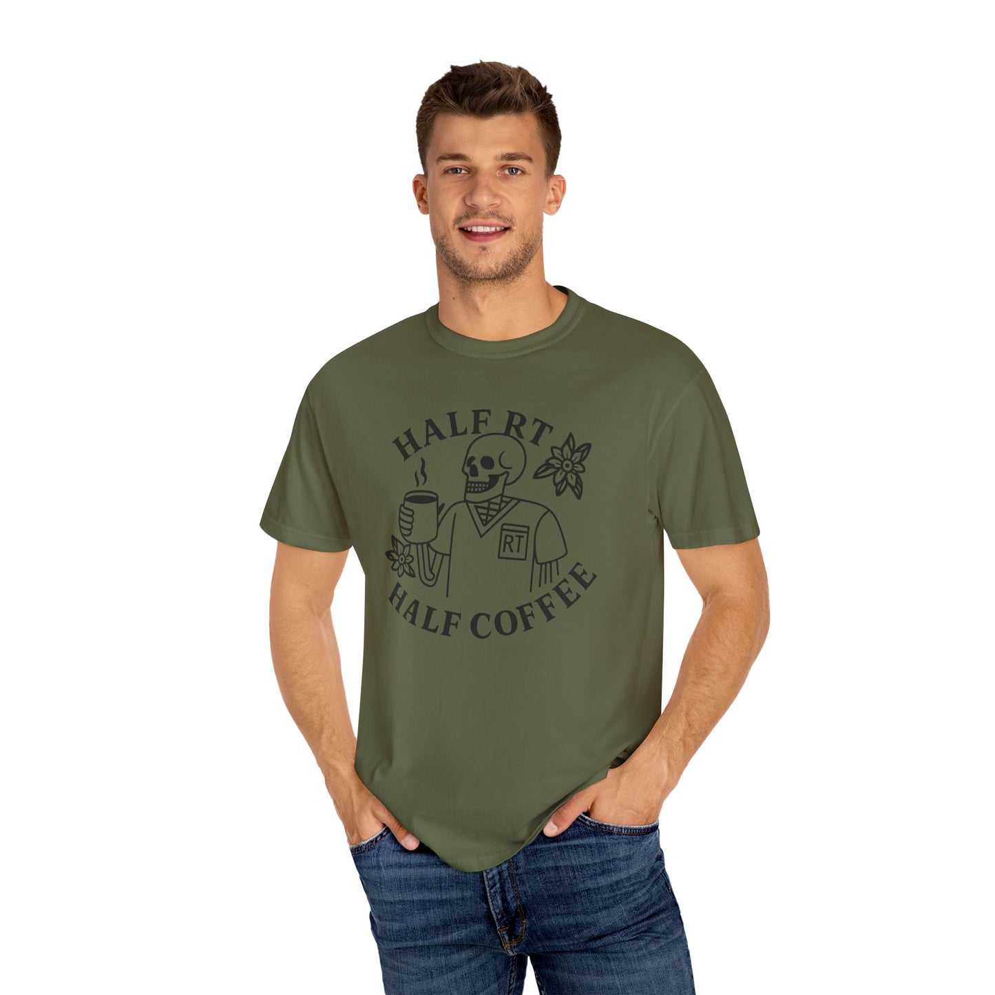 Half Coffee Half RT Respiratory Unisex Tee, Fun Coffee Lover Shirt, Casual Everyday Wear, Unique Gift for Friends, Quirky Graphic Tee