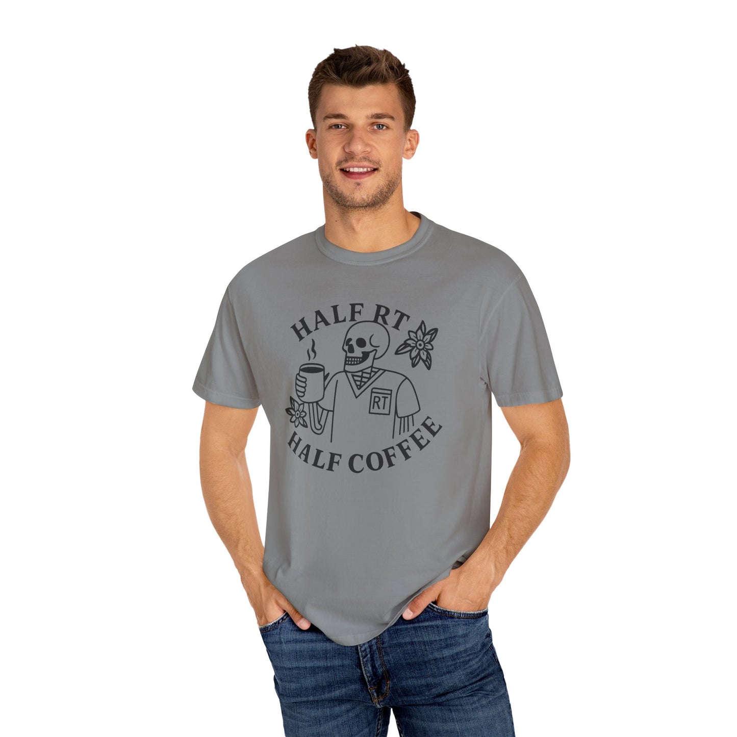 Half Coffee Half RT Respiratory Unisex Tee, Fun Coffee Lover Shirt, Casual Everyday Wear, Unique Gift for Friends, Quirky Graphic Tee