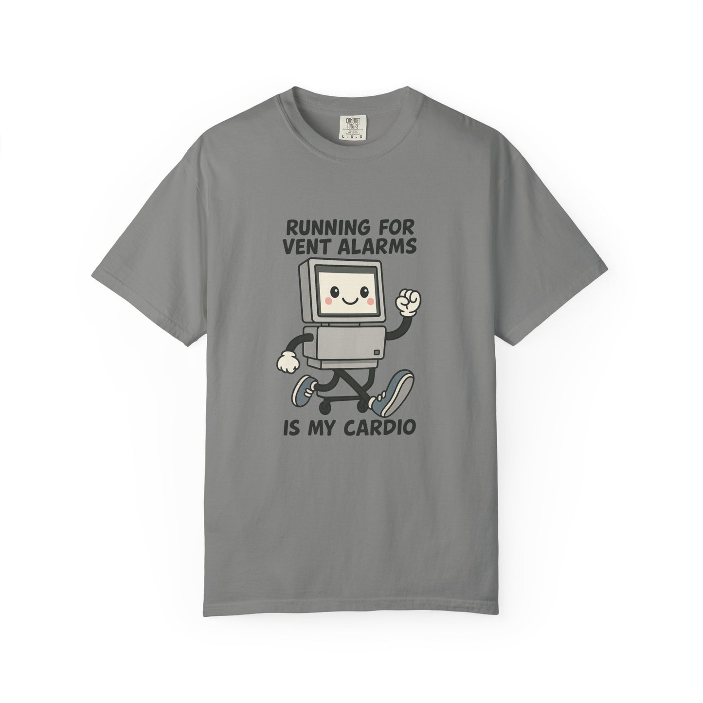 Funny Respiratory Graphic Tee: 'Running for Vent Alarms is My Cardio' T-shirt, Unisex Casual Wear, Gift for Programmers, Tech Workers, Humor Shirt