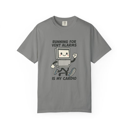 Funny Respiratory Graphic Tee: 'Running for Vent Alarms is My Cardio' T-shirt, Unisex Casual Wear, Gift for Programmers, Tech Workers, Humor Shirt