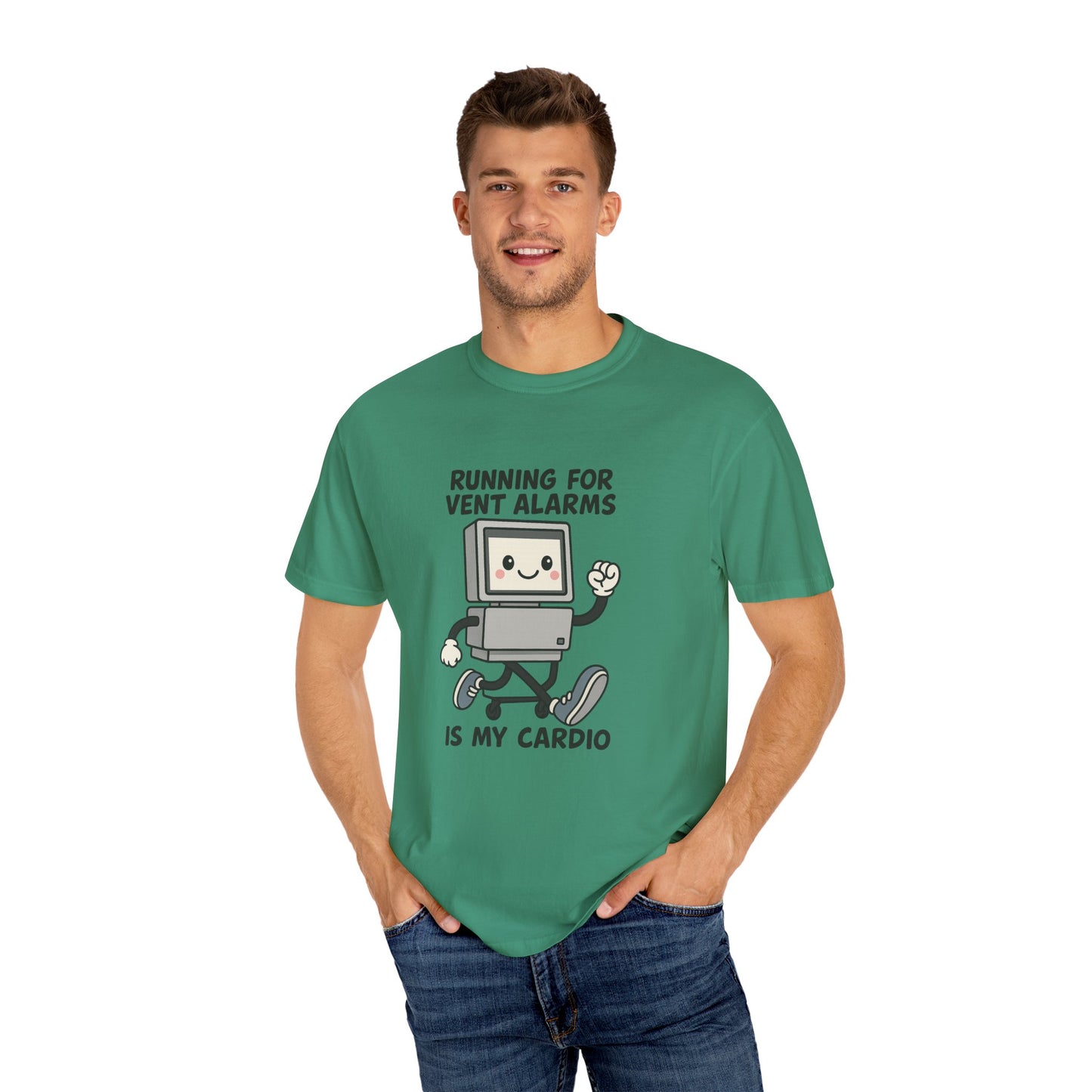 Funny Respiratory Graphic Tee: 'Running for Vent Alarms is My Cardio' T-shirt, Unisex Casual Wear, Gift for Programmers, Tech Workers, Humor Shirt