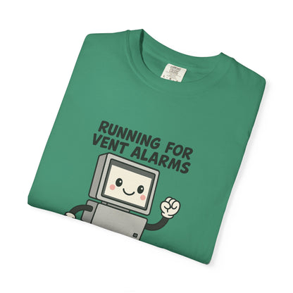 Funny Respiratory Graphic Tee: 'Running for Vent Alarms is My Cardio' T-shirt, Unisex Casual Wear, Gift for Programmers, Tech Workers, Humor Shirt