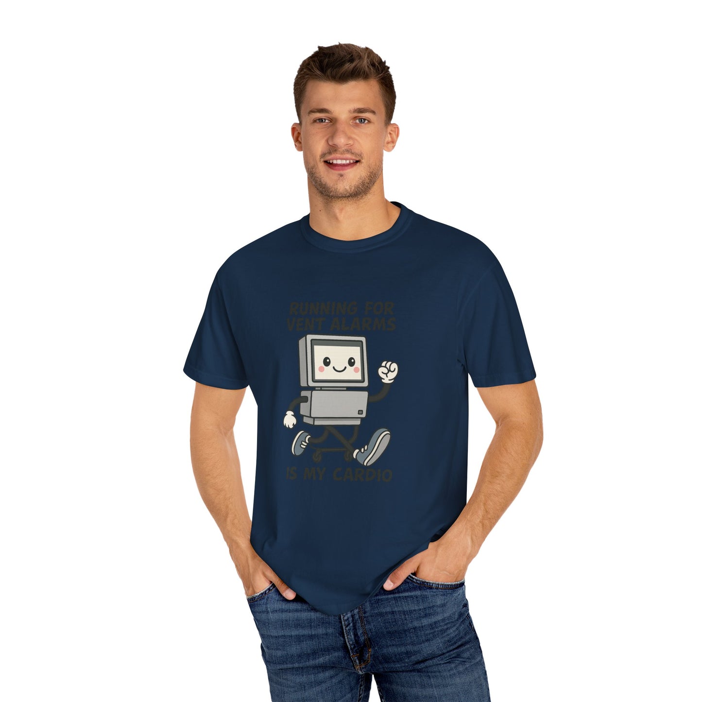 Funny Respiratory Graphic Tee: 'Running for Vent Alarms is My Cardio' T-shirt, Unisex Casual Wear, Gift for Programmers, Tech Workers, Humor Shirt