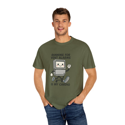 Funny Respiratory Graphic Tee: 'Running for Vent Alarms is My Cardio' T-shirt, Unisex Casual Wear, Gift for Programmers, Tech Workers, Humor Shirt