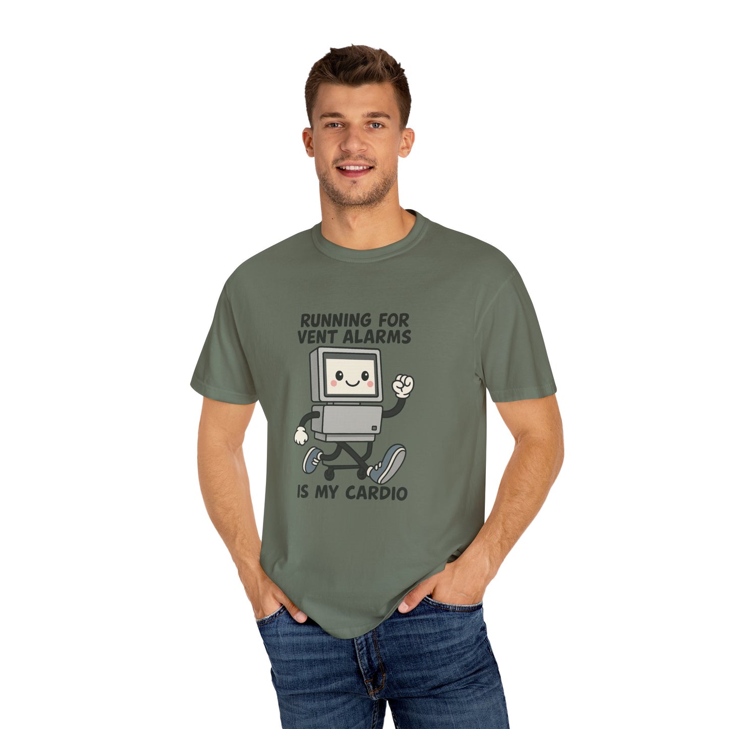 Funny Respiratory Graphic Tee: 'Running for Vent Alarms is My Cardio' T-shirt, Unisex Casual Wear, Gift for Programmers, Tech Workers, Humor Shirt