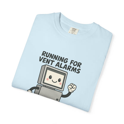 Funny Respiratory Graphic Tee: 'Running for Vent Alarms is My Cardio' T-shirt, Unisex Casual Wear, Gift for Programmers, Tech Workers, Humor Shirt